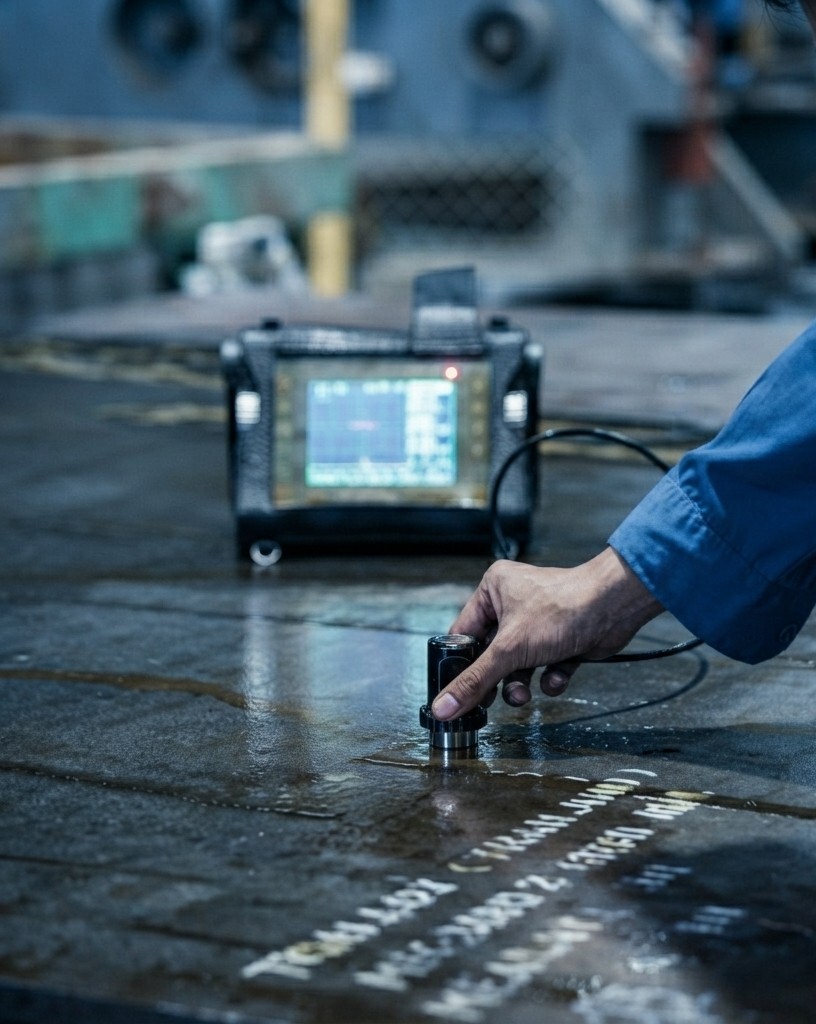 Detailná kontrola kovového materiálu ultrazvukovou sondou NDT prístroja v priemyselnej výrobe.